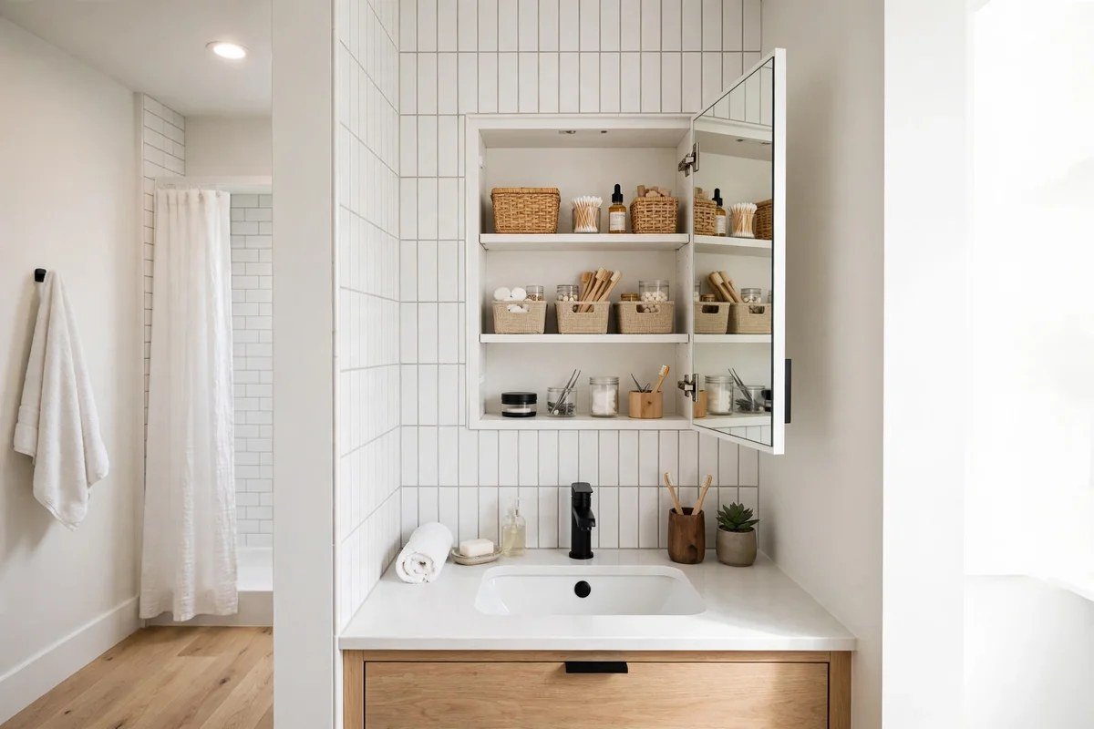 Organized mirrored medicine cabinet with bins and tidy shelves