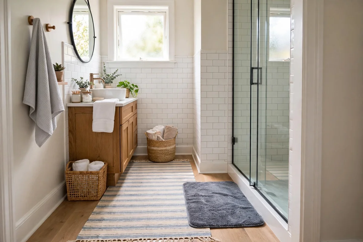 Bathroom with layered absorbent bath mats at shower exit and runner