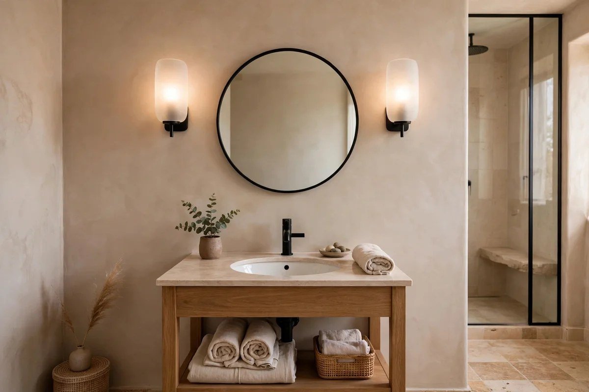 Bathroom with modern frosted glass sconces flanking mirror at eye level