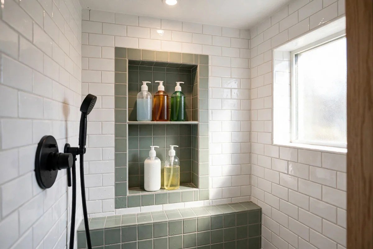 Tiled shower niche holding bottles neatly organized in small bathroom