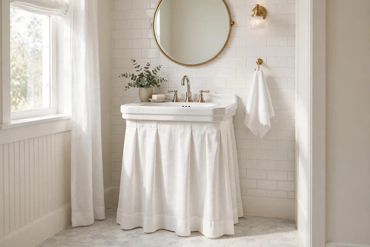 Pedestal sink with tailored fabric skirt hiding pipes elegantly