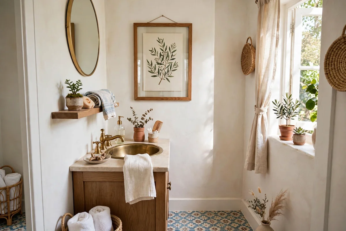 Small bathroom with framed botanical art print behind glass on wall