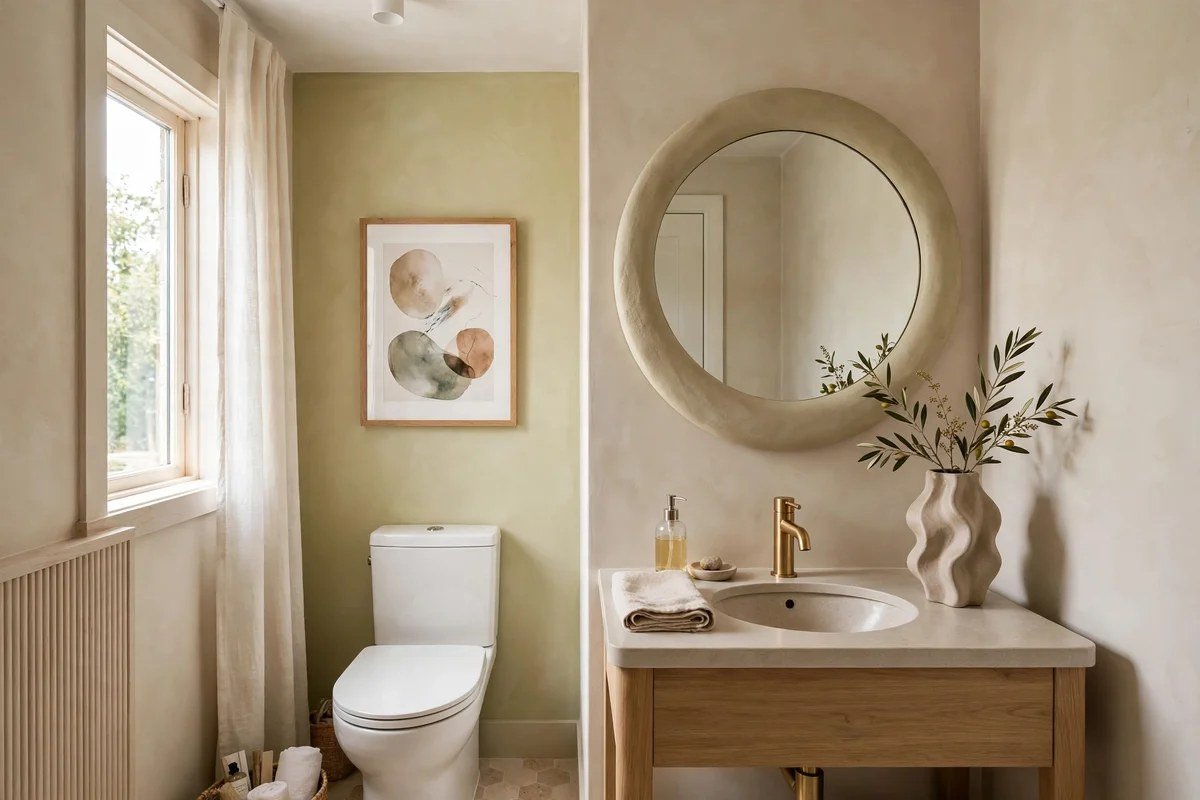 Small bathroom with properly scaled decor pieces balanced for the space