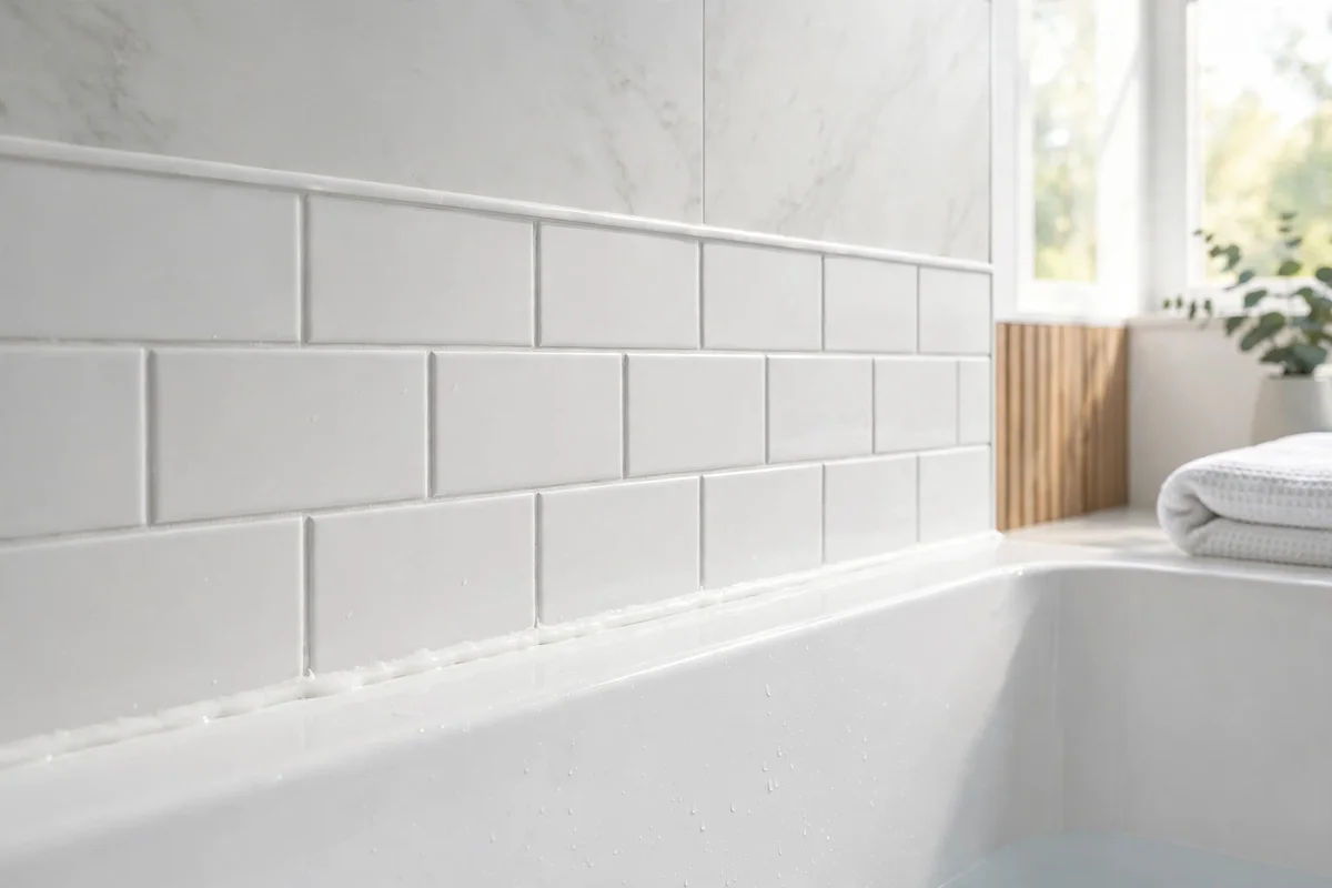 Bathroom tub edge with fresh clean white caulk lines looking renovated