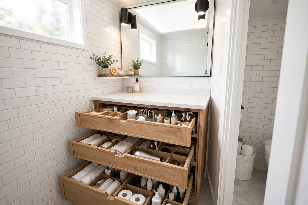 Compact bathroom vanity with deep drawers providing storage in small space