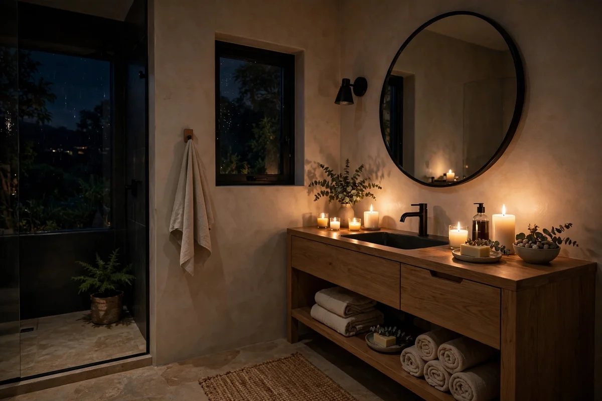 Bathroom with dimmed warm lighting creating spa-like evening ambiance