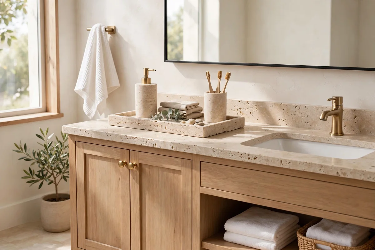 Bathroom vanity with coordinated natural stone soap dispenser and accessories