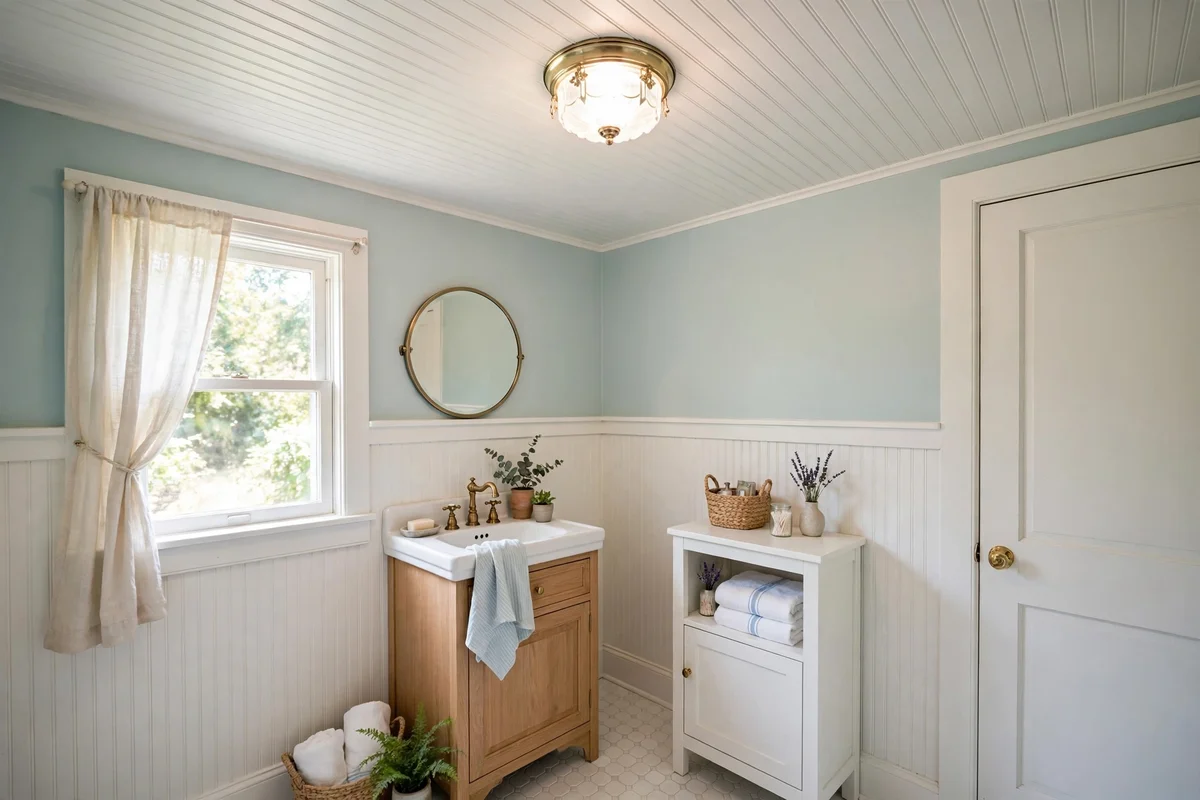 Small bathroom with white beadboard ceiling adding cottage charm