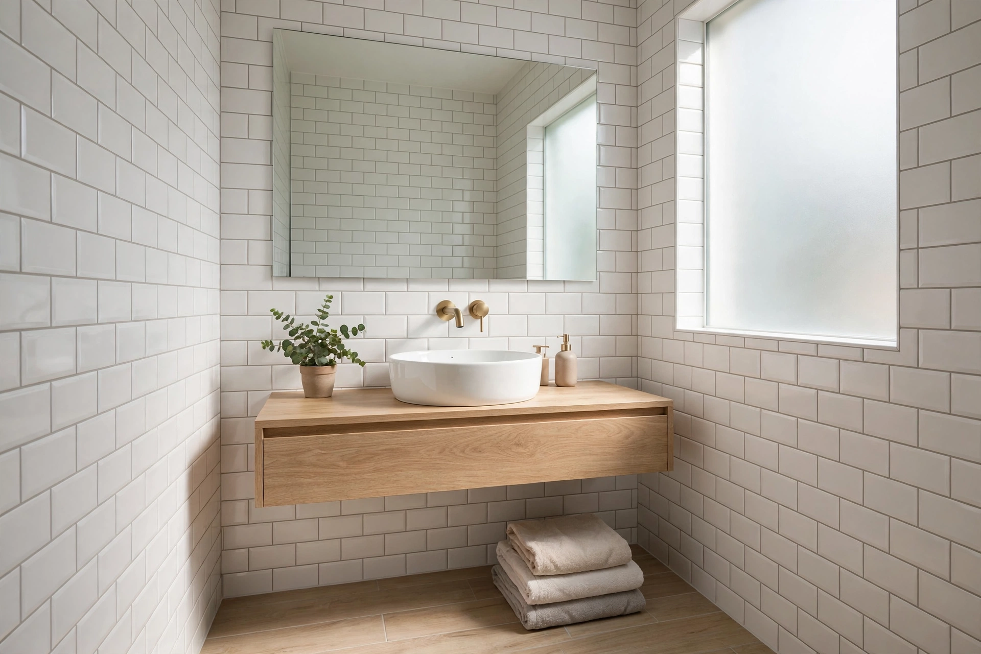 Wall-hung floating oak vanity with vessel sink and brass faucet in a small bright bathroom