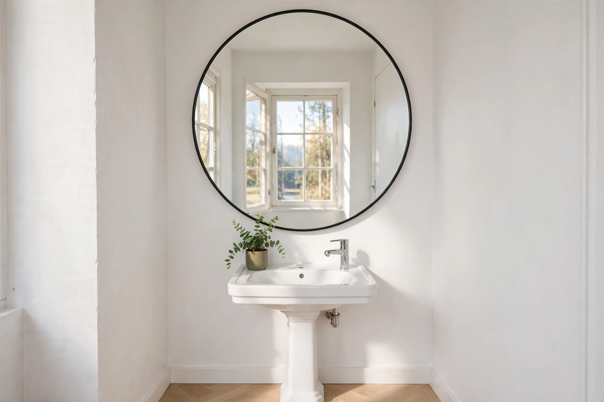 Oversized round mirror above a compact pedestal sink reflecting light in a tiny bathroom