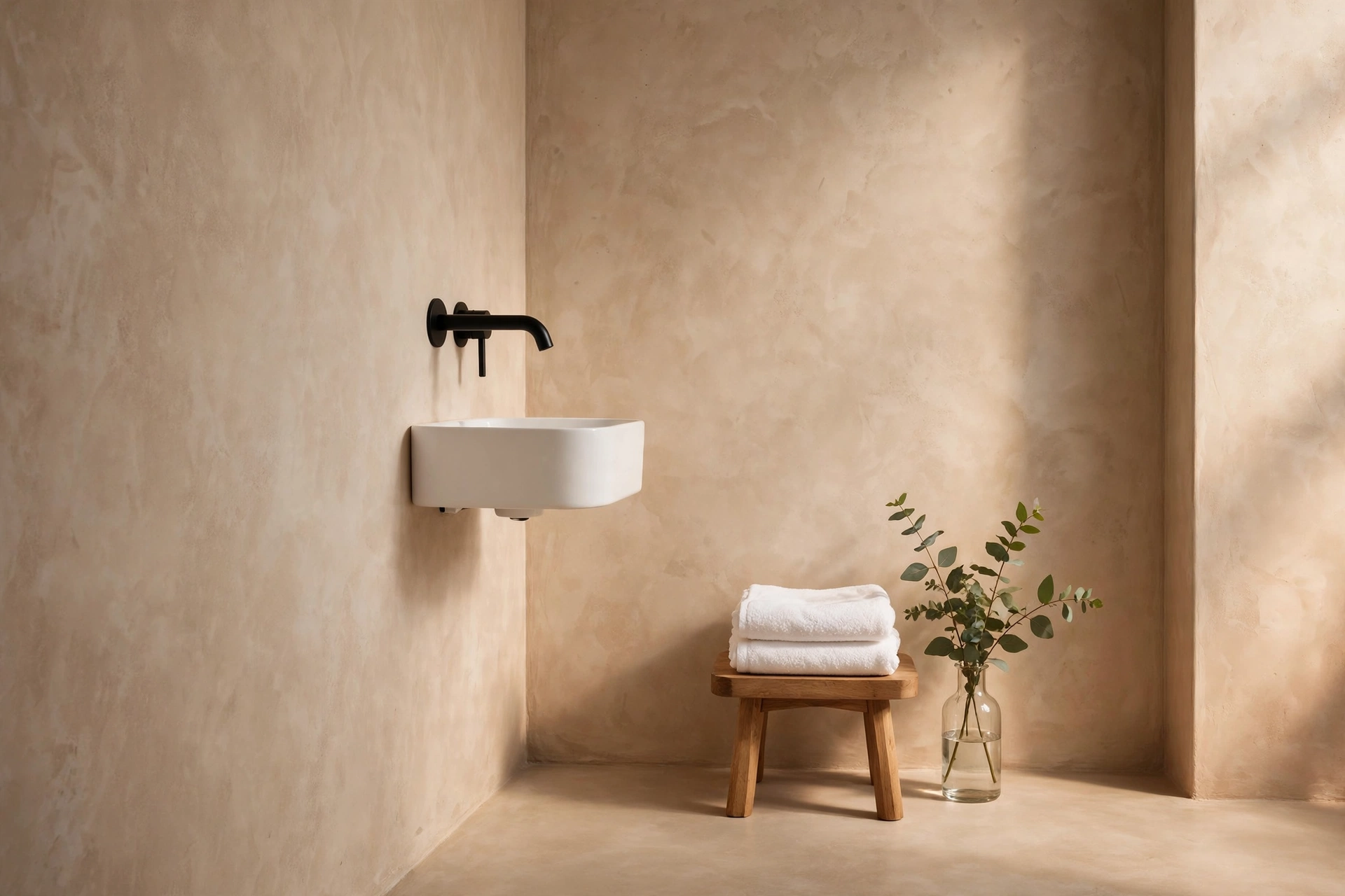 Matte black wall-mounted faucet over a small wall-hung basin in a minimal bathroom