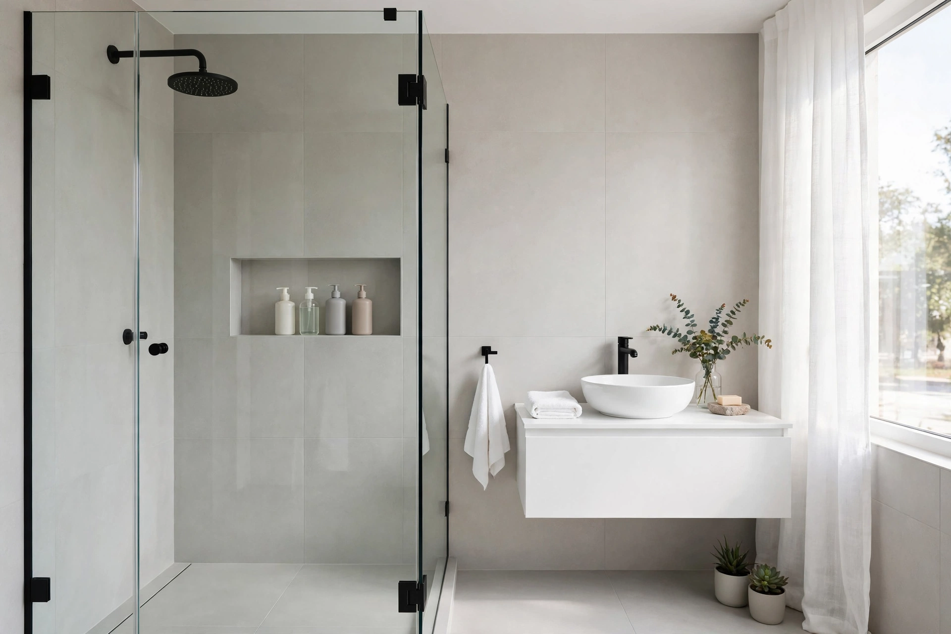 Frameless glass walk-in shower with rainfall head and recessed niche in a small bathroom