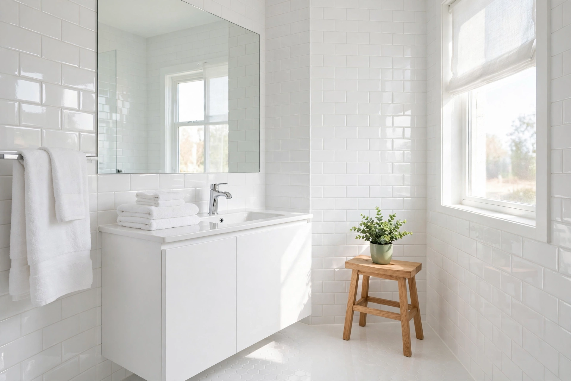 All-white small bathroom with light oak stool and green plant, bright and airy