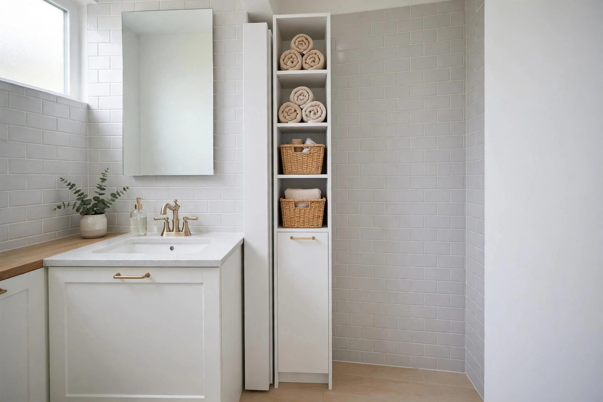 Slim tall white storage tower with rolled towels and baskets in a narrow bathroom gap