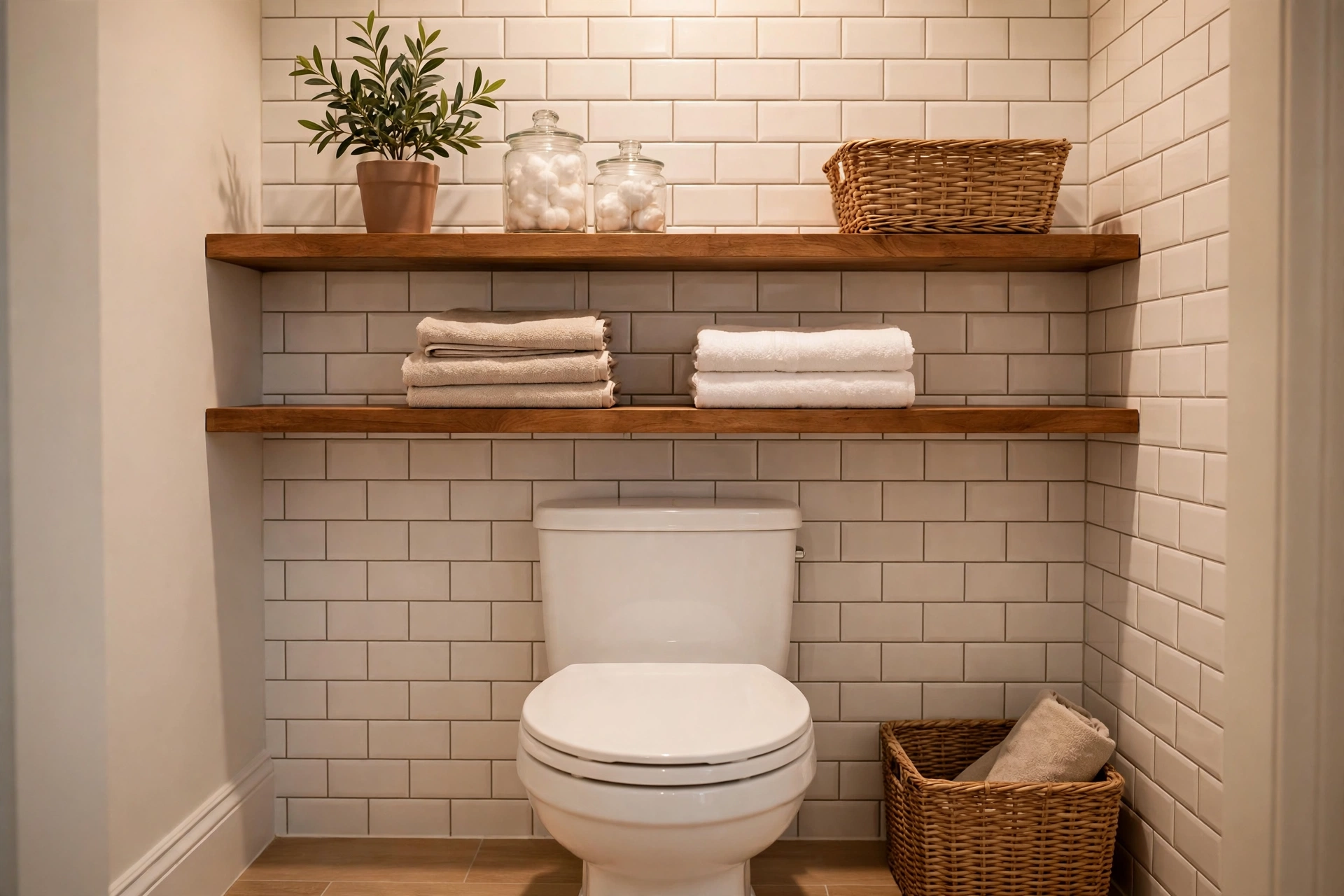 Wooden floating shelves above a toilet styled with towels, plant and glass jars