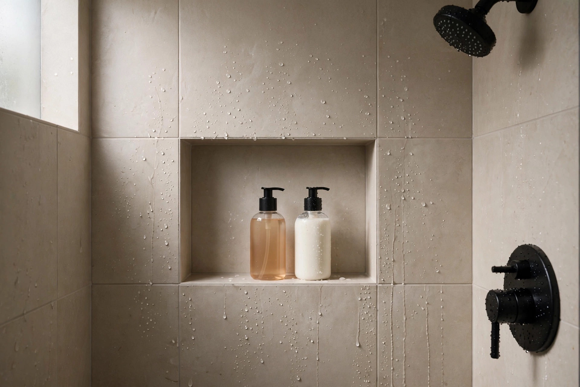 Recessed tiled shower niche holding shampoo bottles in a beige tiled shower