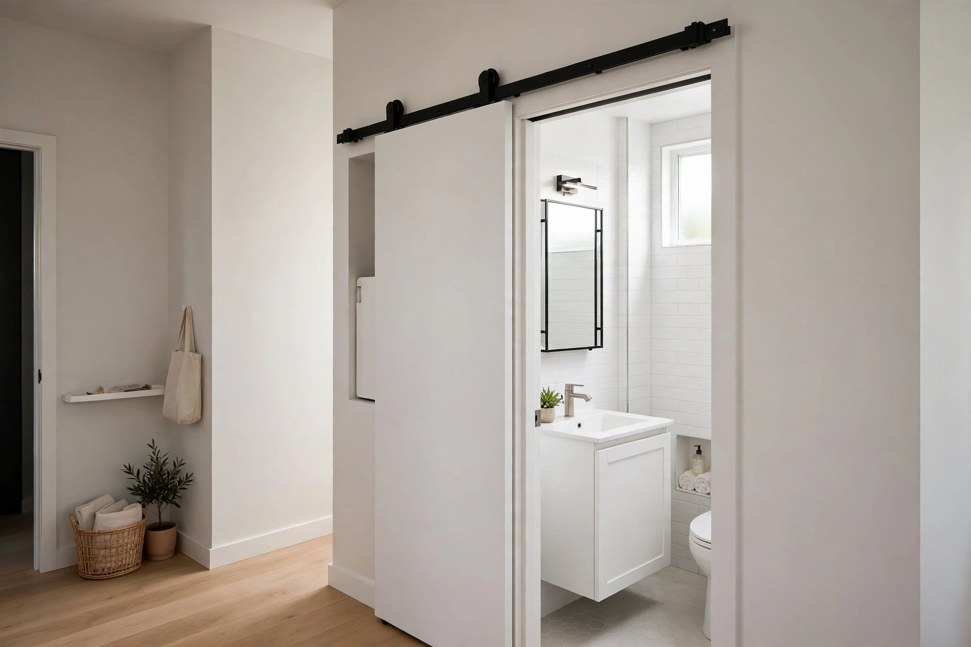 White pocket sliding door on black track opening into a bright compact bathroom