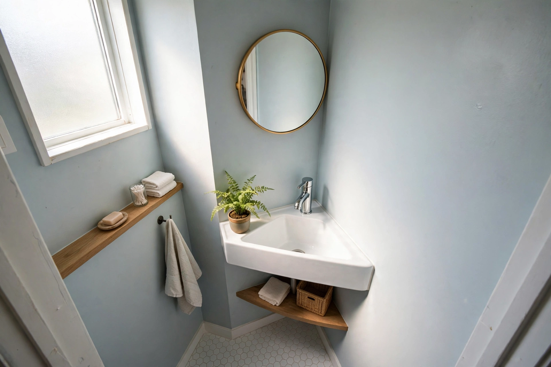 Triangular corner sink with chrome faucet tucked into a tiny bathroom corner