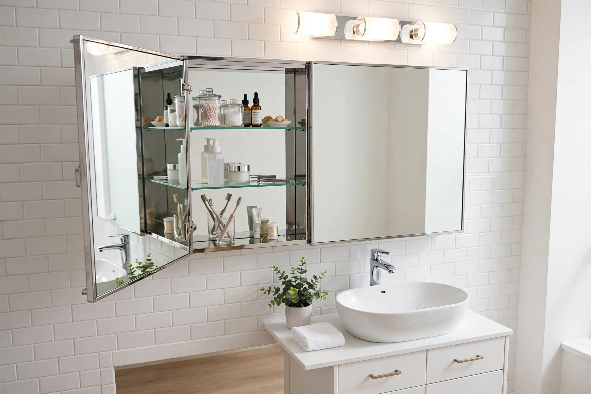 Mirrored medicine cabinet with door open showing organized toiletries above a vanity