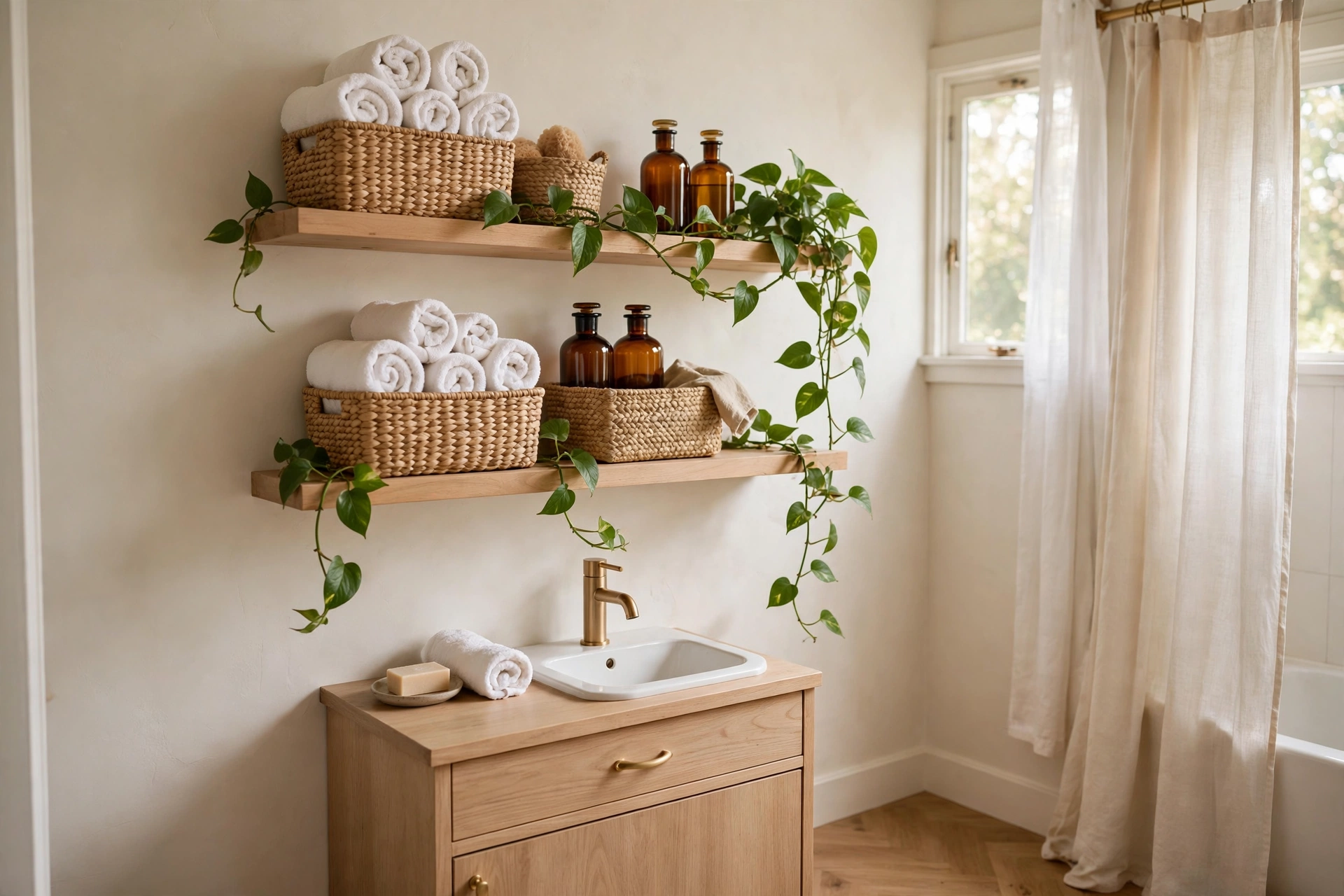 Light wood open shelves with seagrass baskets, rolled towels and trailing plant in a bathroom