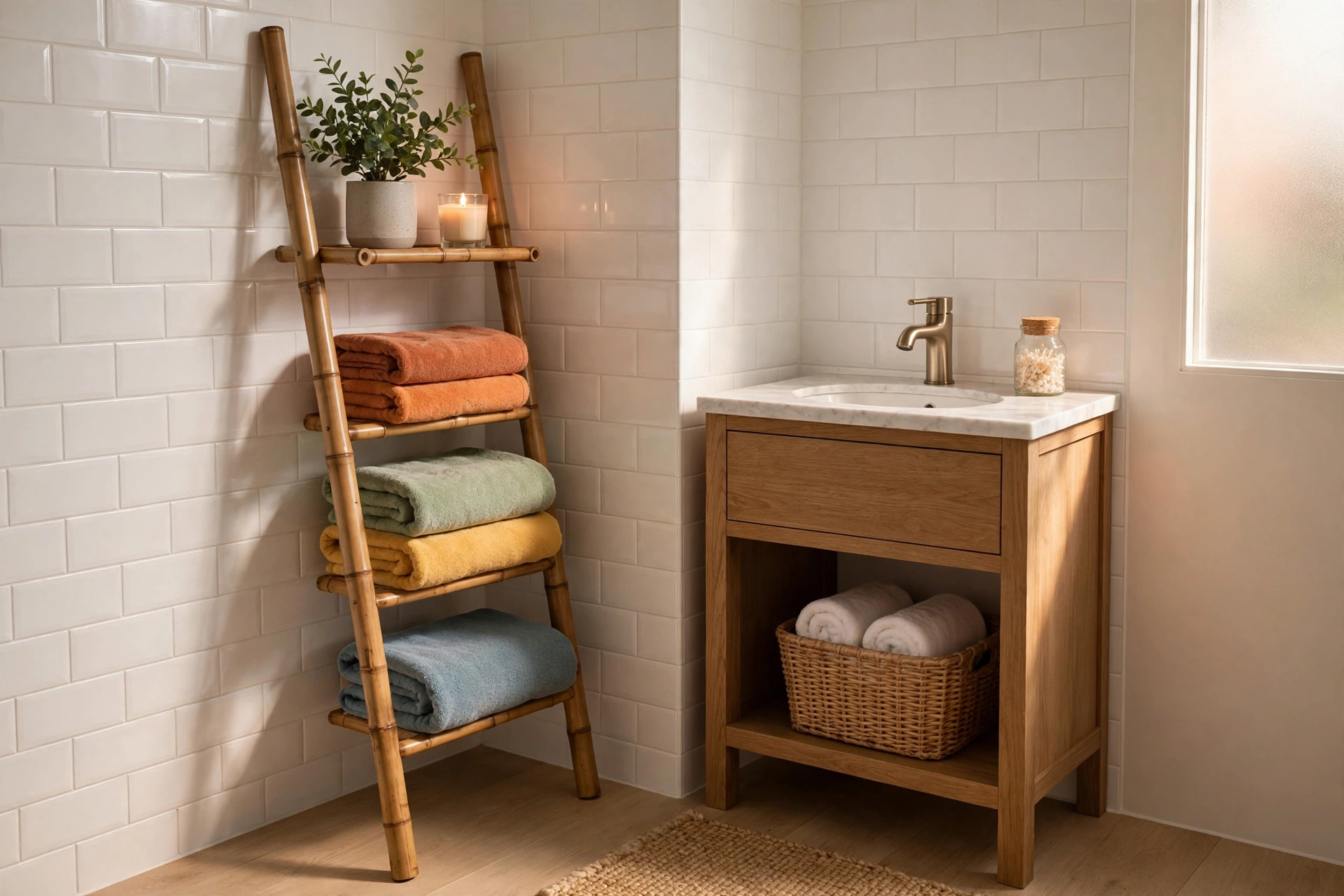 Bamboo ladder shelf holding folded towels with plant and candle in a small bathroom corner