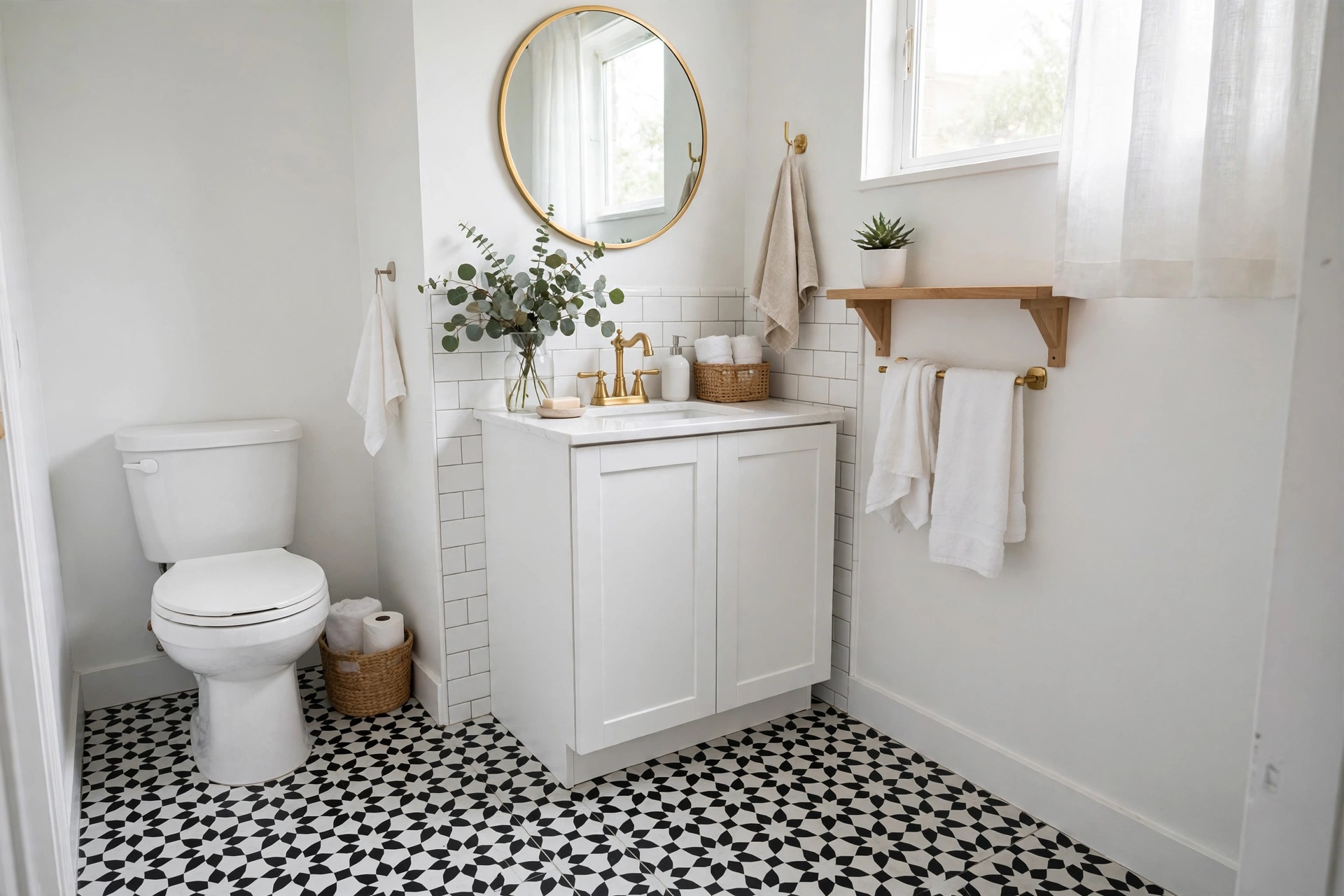 Rental bathroom with black and white Moroccan peel-and-stick floor tiles and gold faucet