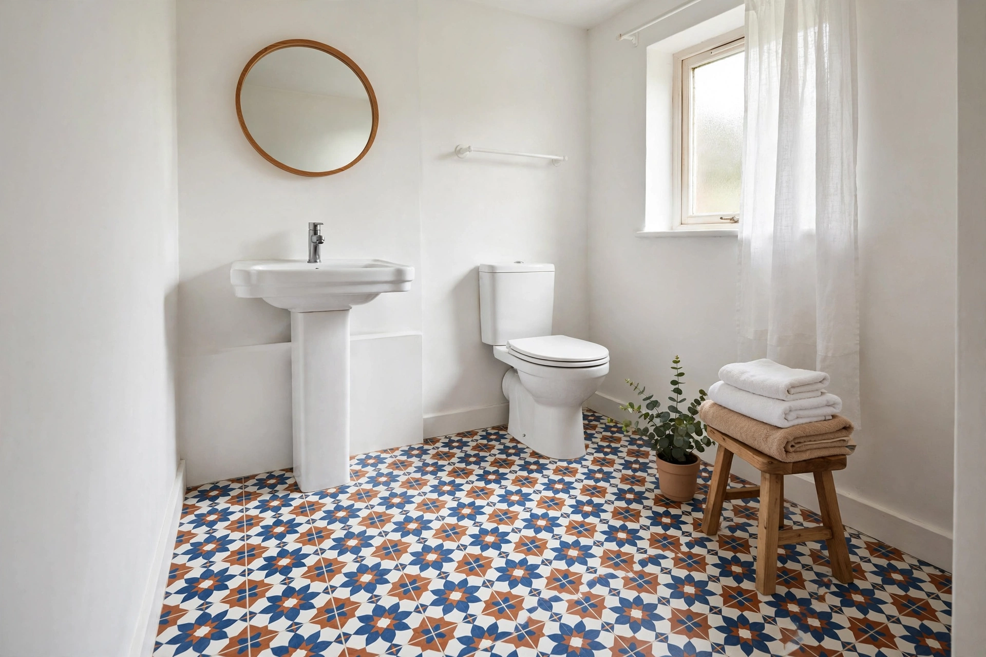 Blue white and terracotta patterned floor tiles in a small bathroom with white walls
