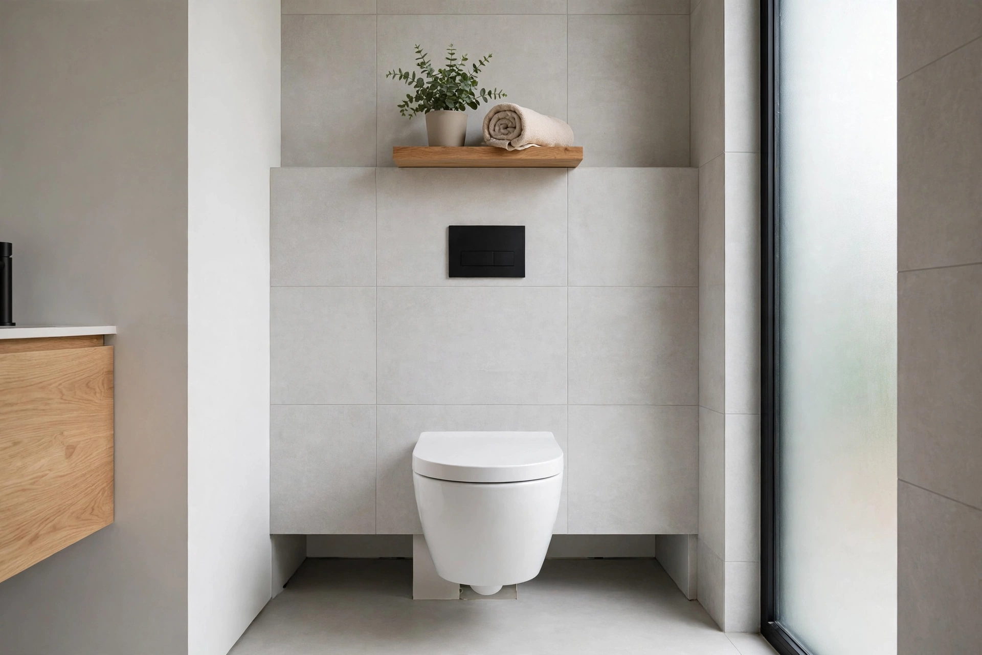 Wall-hung toilet floating above floor with concealed cistern in a minimal gray bathroom