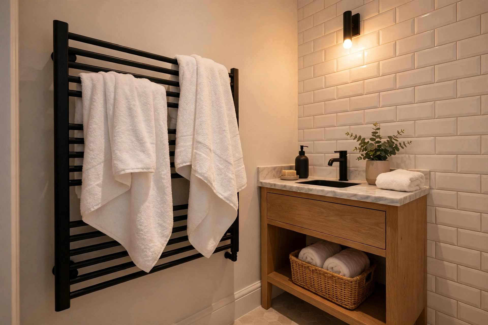 Slim black heated towel rail with plush white towels in a small tiled bathroom