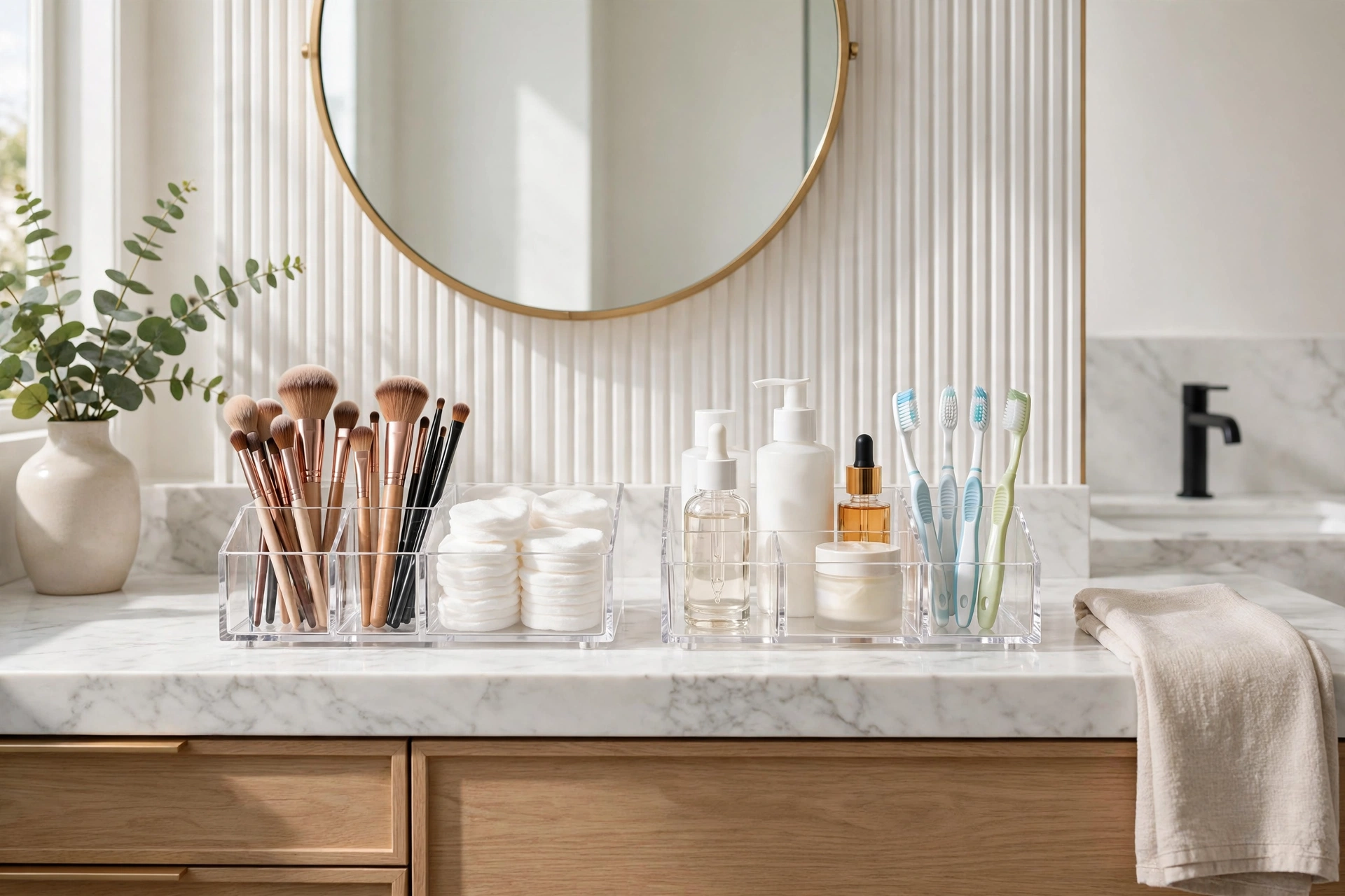 Clear acrylic organizers with skincare and brushes on a marble bathroom vanity