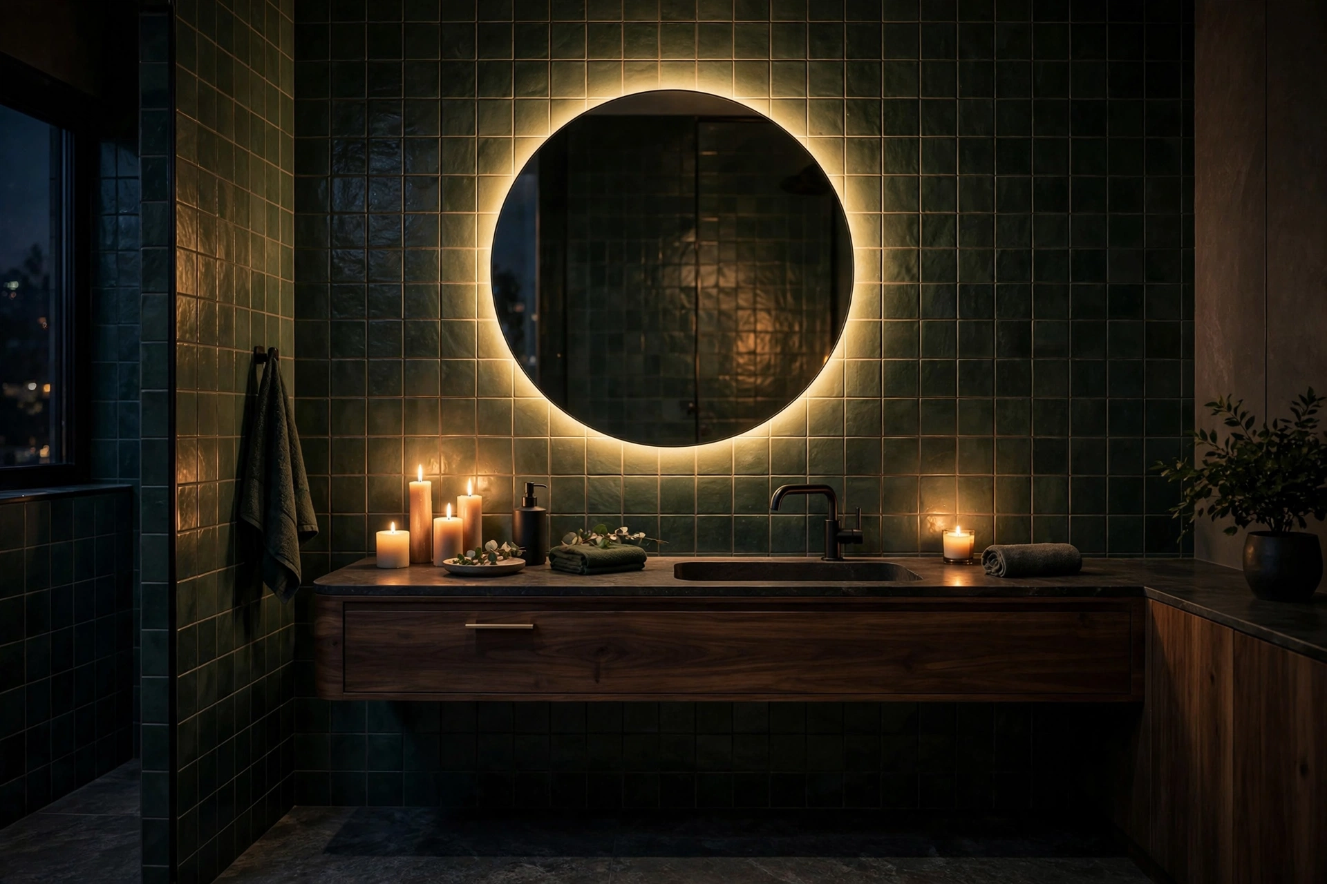 Round backlit LED mirror glowing above a dark wood vanity in a moody green bathroom