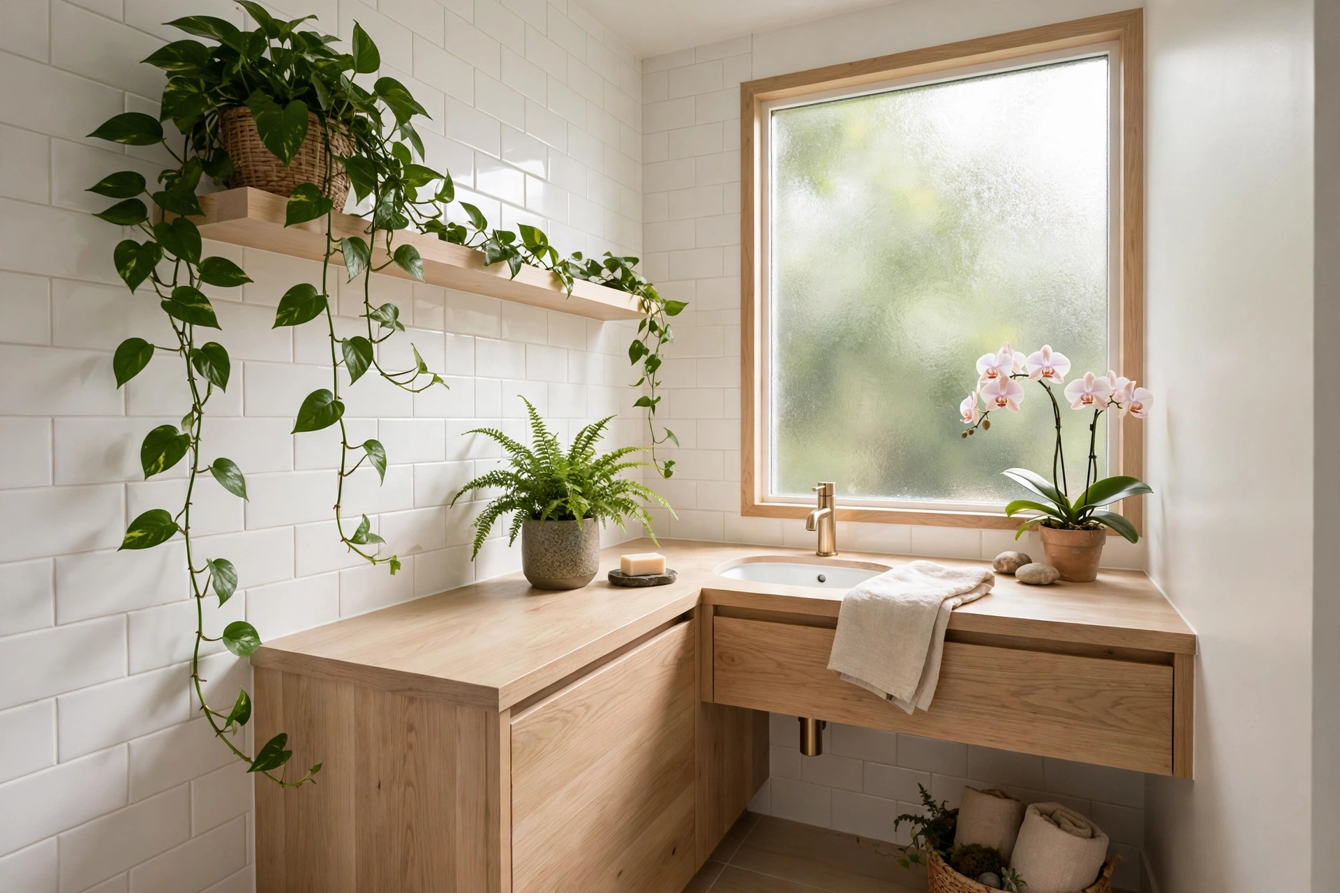 Bright small bathroom filled with pothos fern and orchid plants among white tiles
