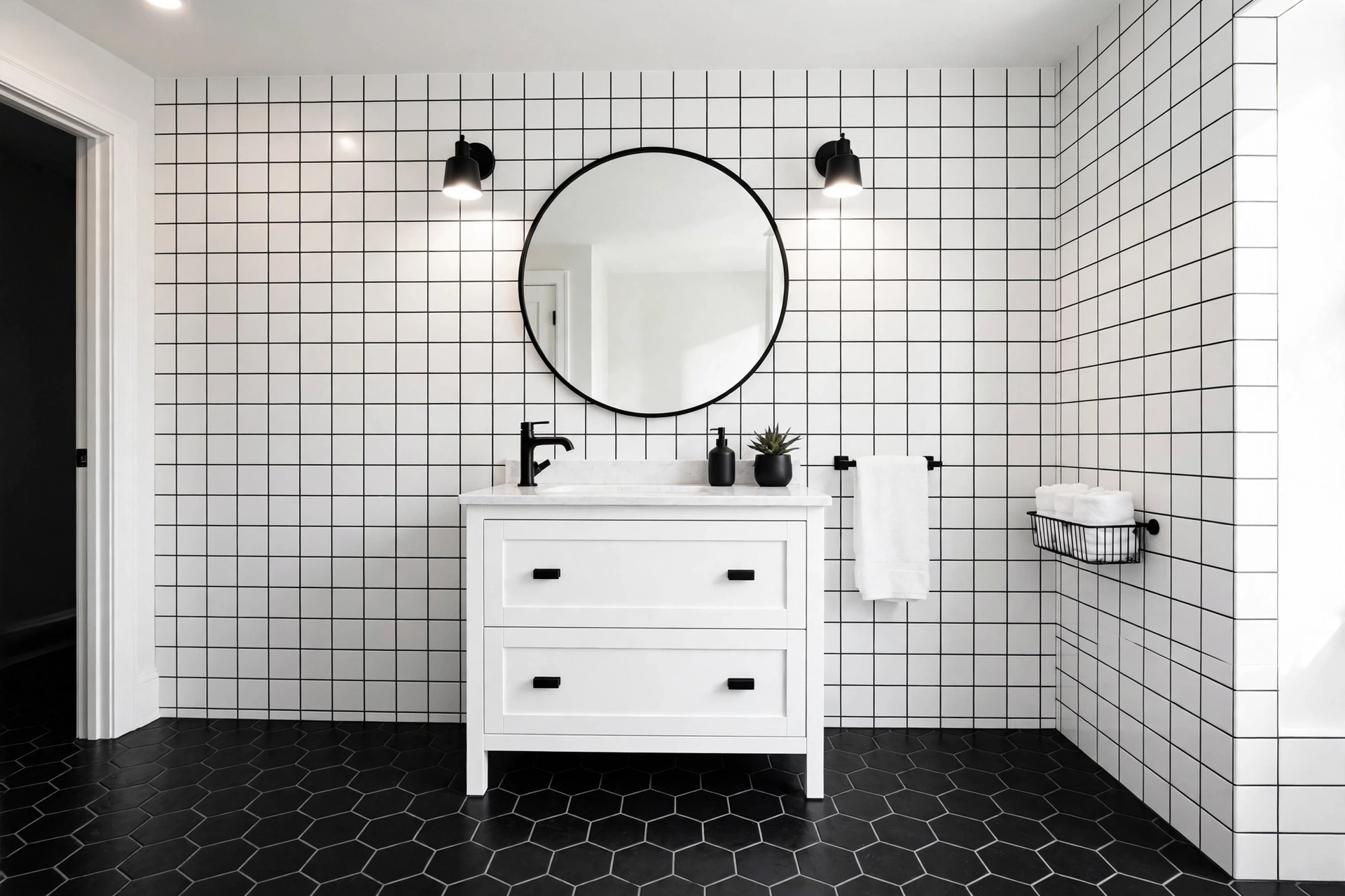 Black and white monochrome small bathroom with hex floor tiles and round mirror