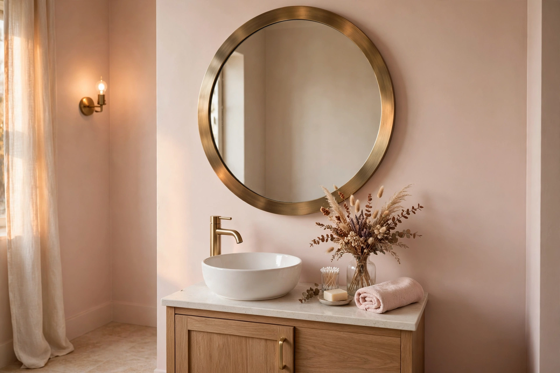 Round brass-framed mirror above a vessel sink in a blush pink small bathroom