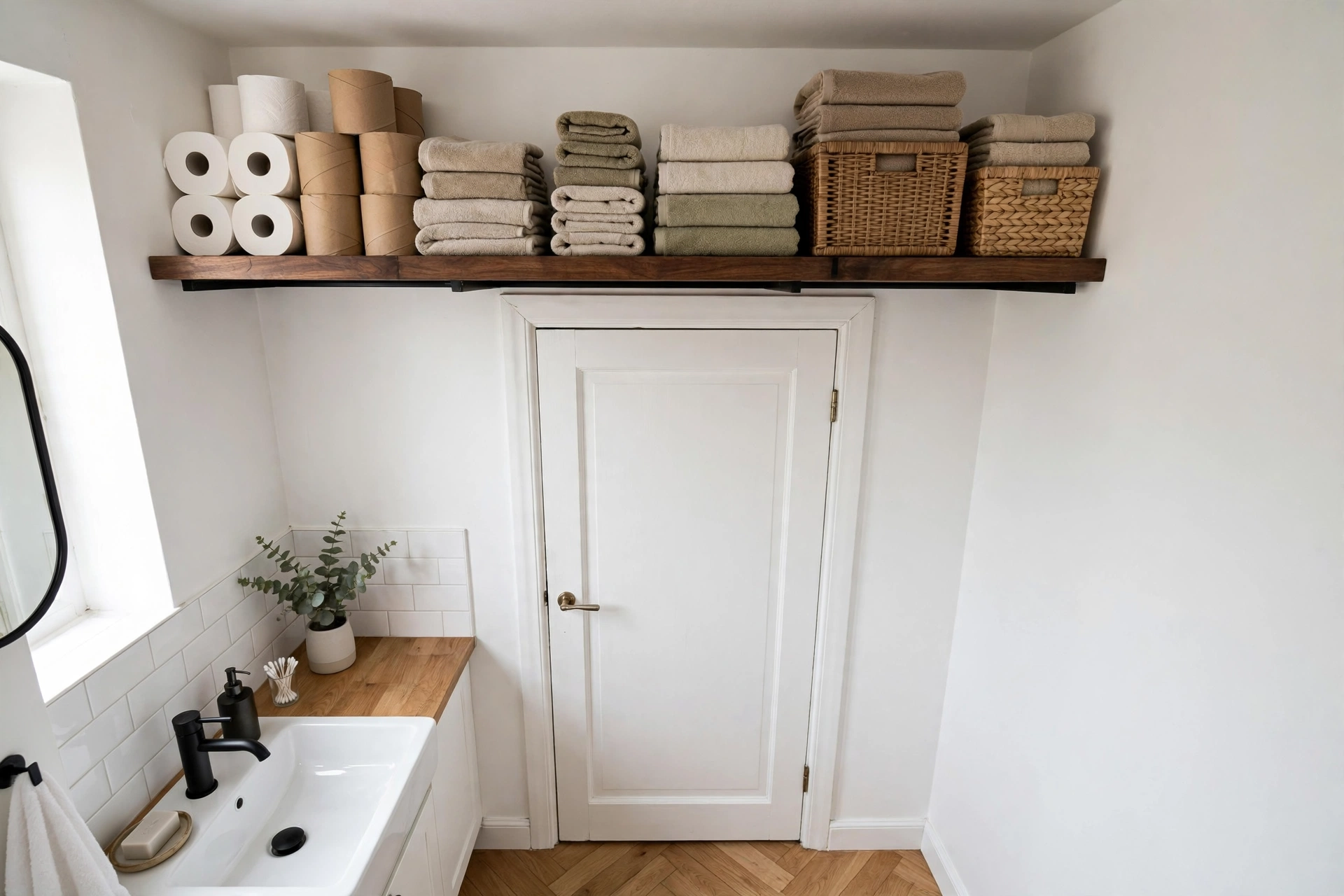 Deep wooden shelf above a bathroom door holding towels and storage baskets