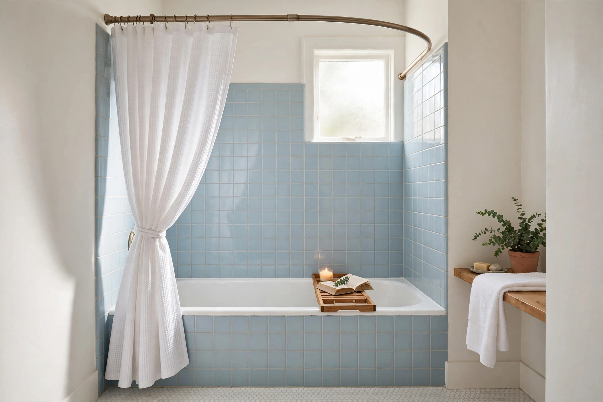 Curved shower rod with white waffle curtain over a tub with wooden bath caddy