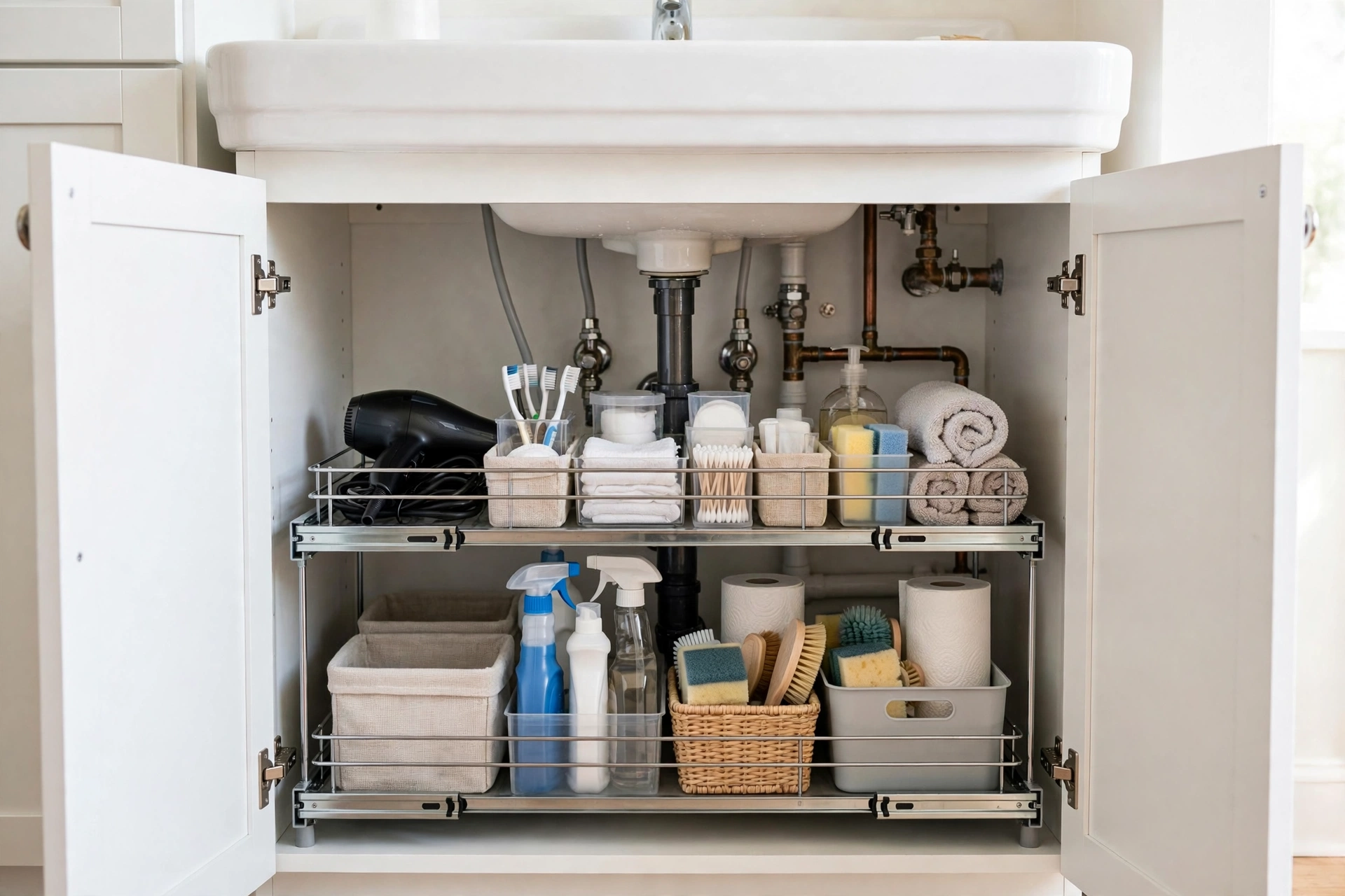 Two-tier sliding organizer with bins neatly arranged under a bathroom sink