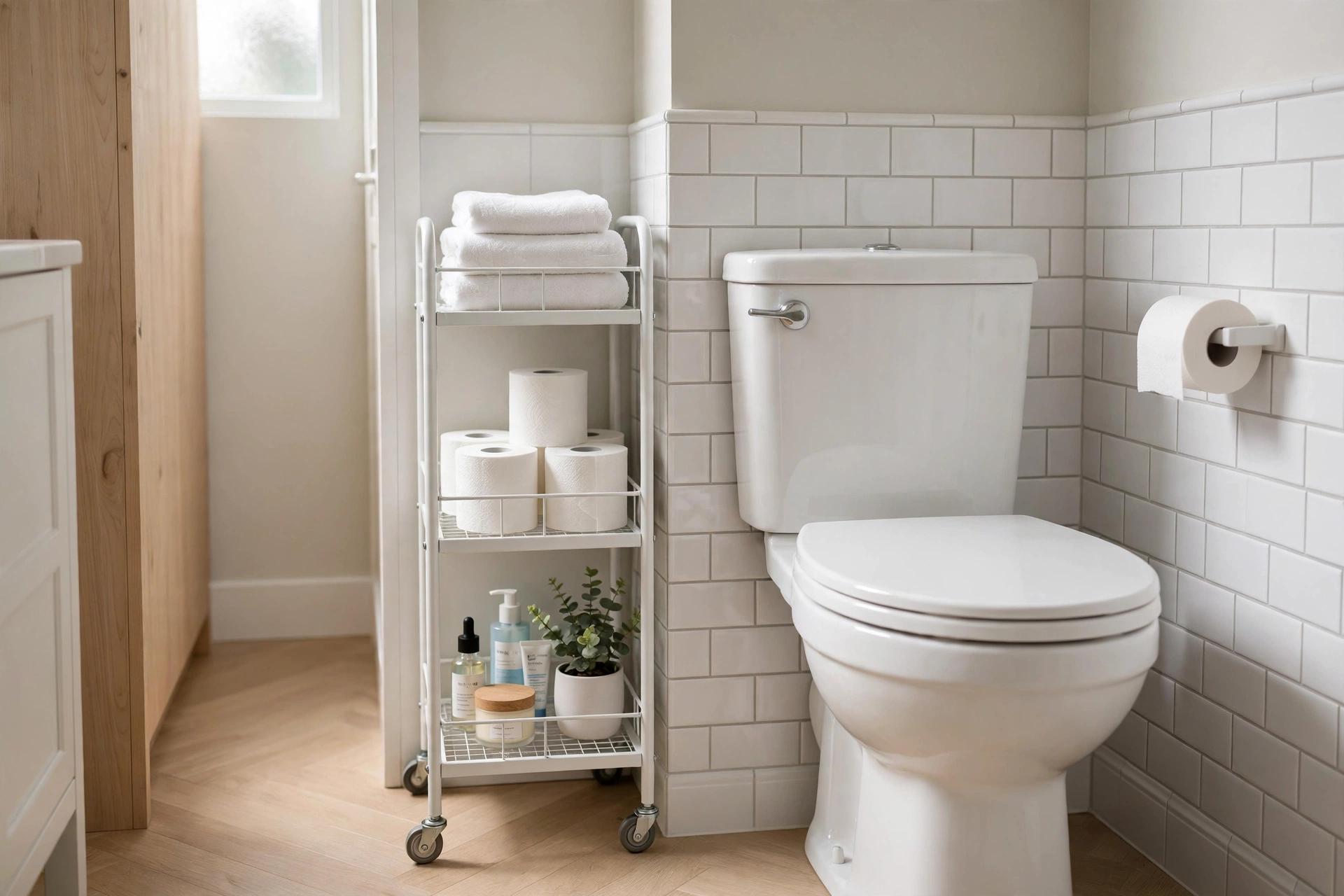 Slim white three-tier rolling cart with towels and toiletries beside a toilet