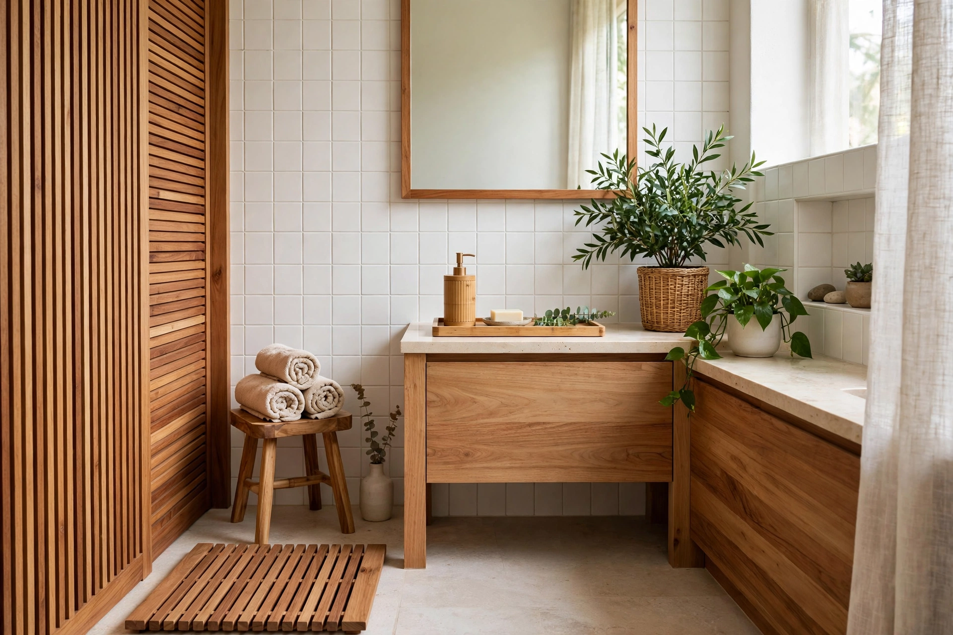 Spa-like small bathroom with teak bath mat, wooden stool and bamboo accessories