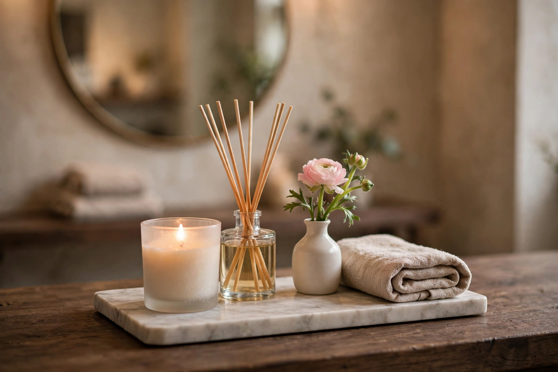 Styled marble tray with lit candle, reed diffuser and bud vase on a bathroom vanity