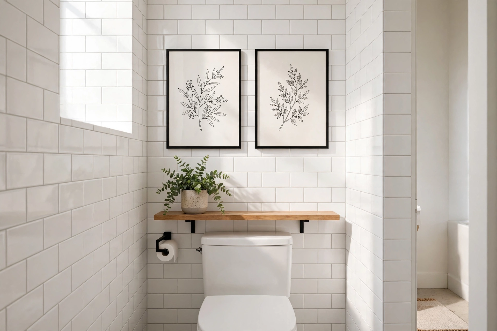 Two framed botanical art prints hung above a toilet in a bright small bathroom