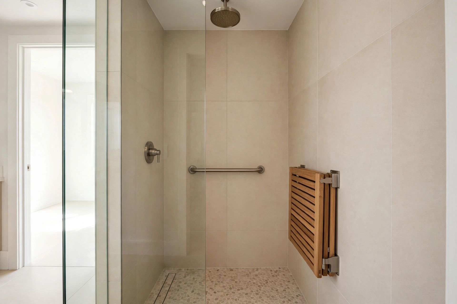 Wall-mounted folding teak shower bench seat in a beige tiled walk-in shower