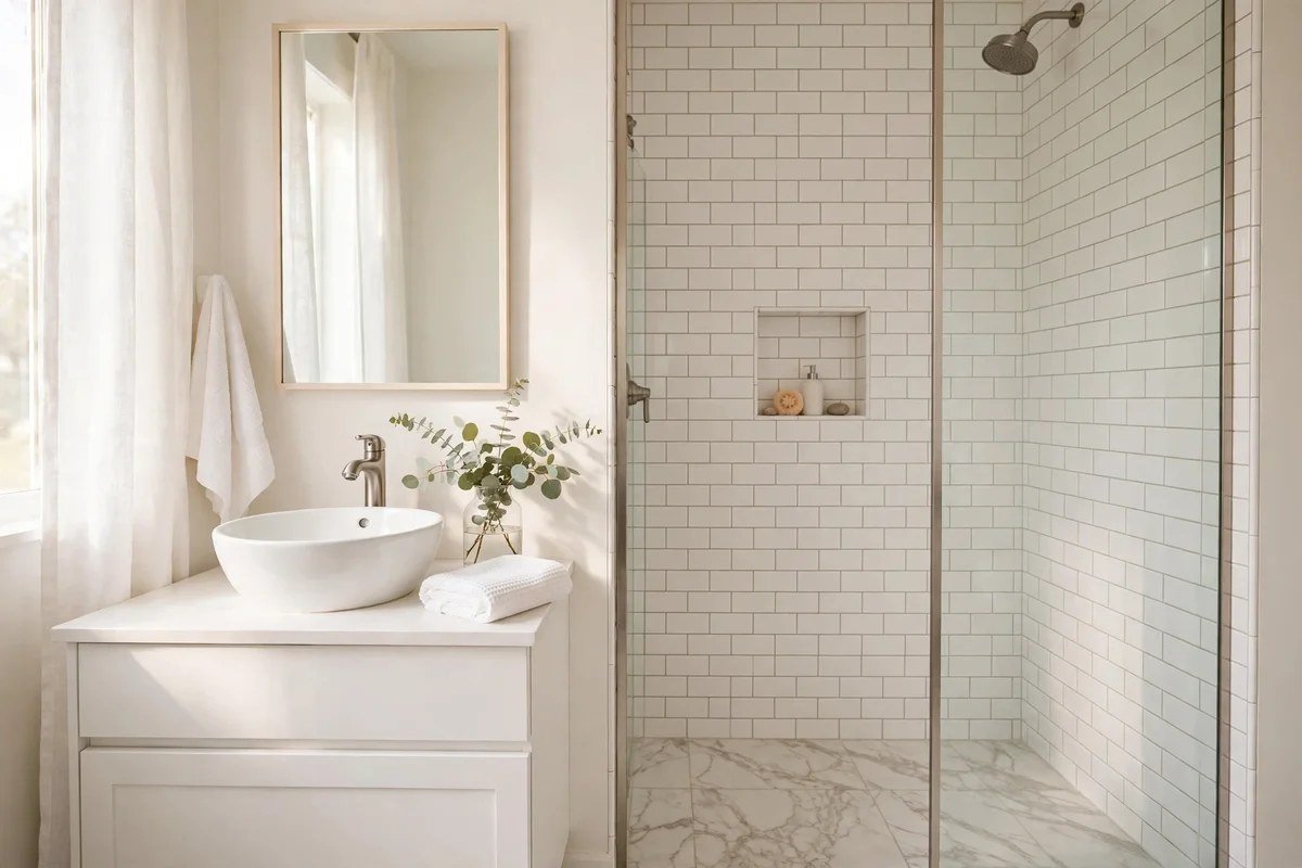 Small spa-like bathroom in warm white with white subway tile shower