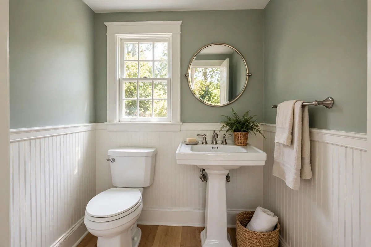 Small bathroom with soft sage green walls and white fixtures