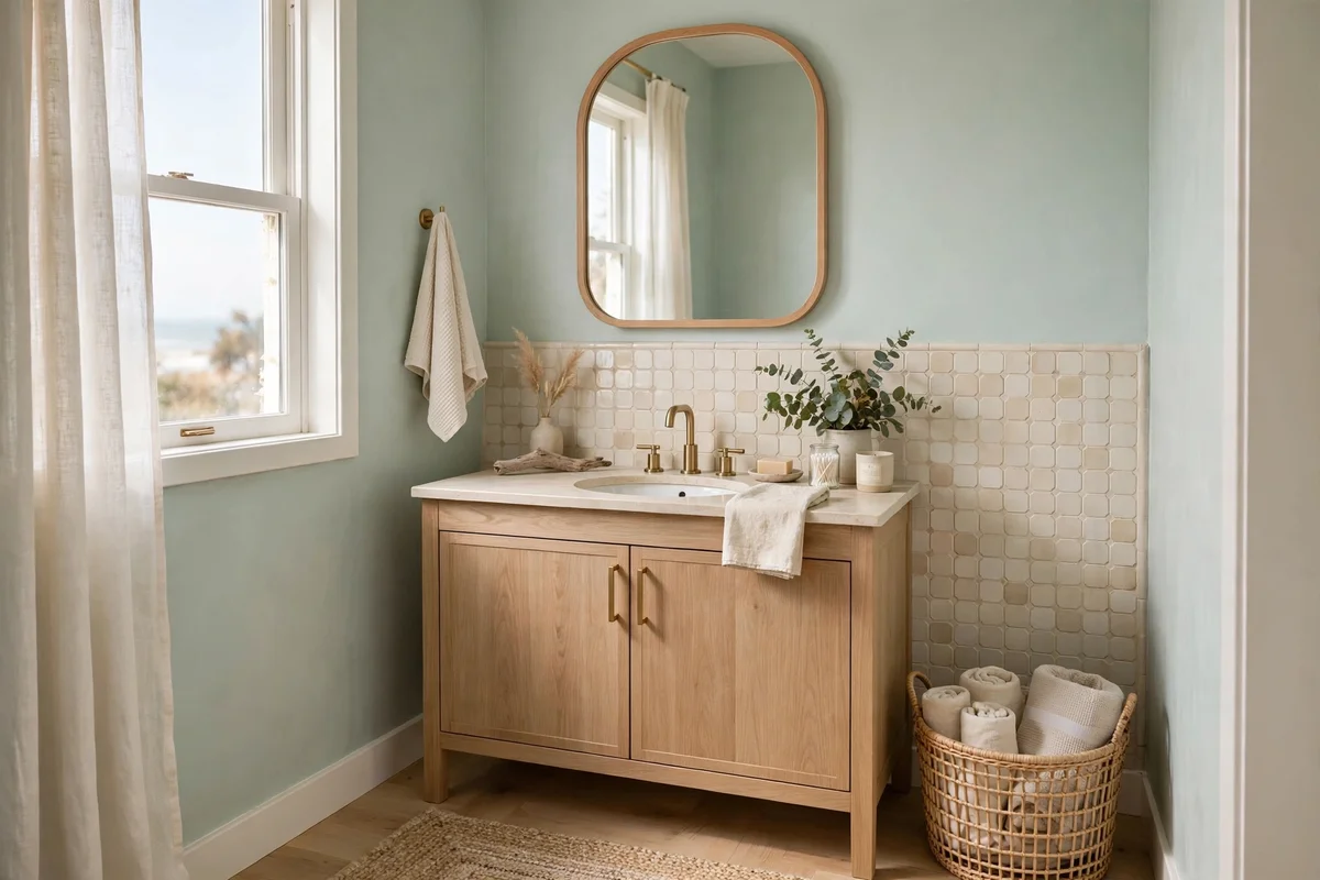 Coastal small bathroom with seafoam walls and cream zellige tile
