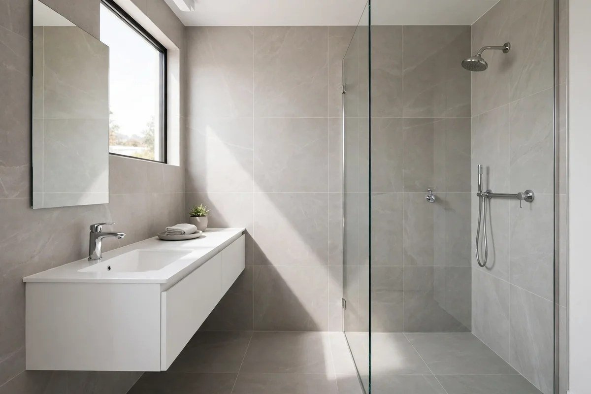 Modern small bathroom in light gray with chrome fixtures