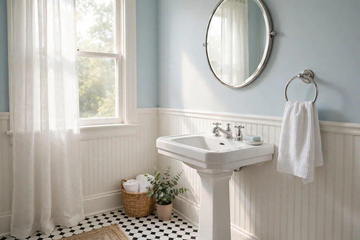 Small bathroom with powder blue walls and white beadboard