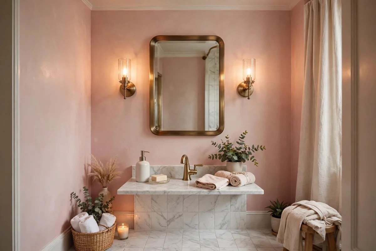 Elegant small bathroom with blush pink walls and brass fixtures