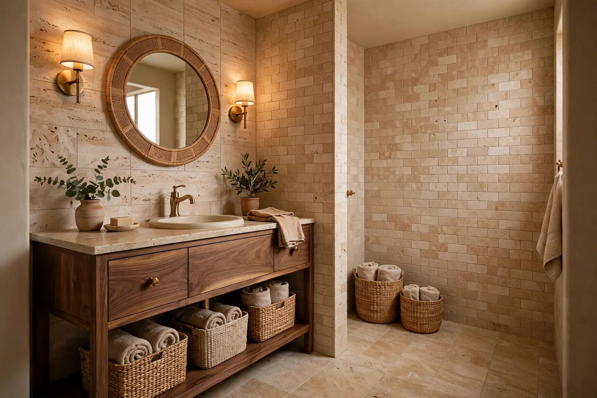 Warm beige small bathroom with walnut vanity and travertine tile