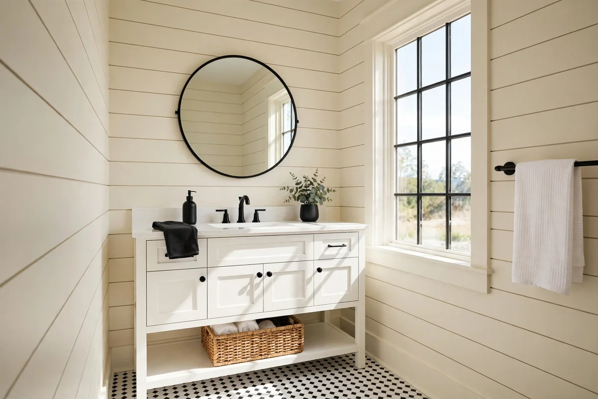 Small bathroom with cream walls and matte black fixtures